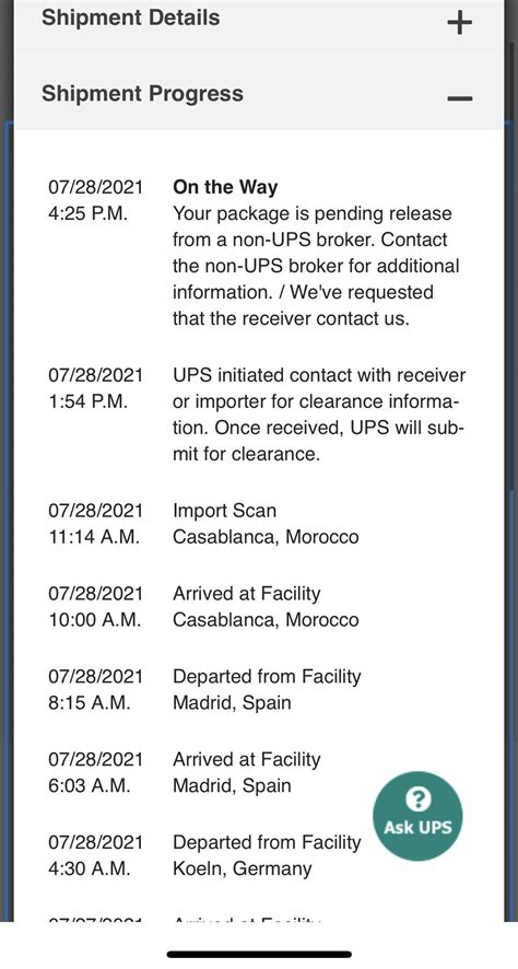 Pending release from non-ups broker. Other UPS statuses associated with «customs clearance in progress» — The package is at the clearing agency awaiting final release — A required security check has delayed delivery / The receiver arranged to pick up the package at a UPS facility. Pickup must be made within 5 business days; Tracking package of UPS 