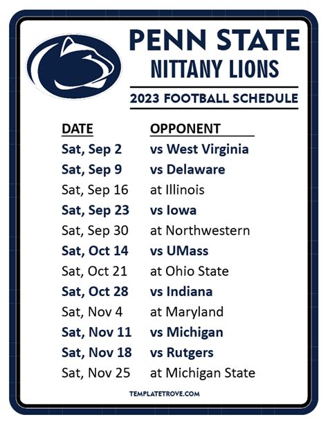 ESPN has the full 2023 Penn State Nittany Lions Regular Season NCAAF schedule. Includes game times, TV listings and ticket information for all Nittany Lions games. ... vs 24 Iowa. W 31-0 : 4-0 (2 .... 