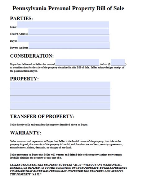 Pennsylvania Property Bill of Sale Form Bills, Legal forms, Pennsylvania