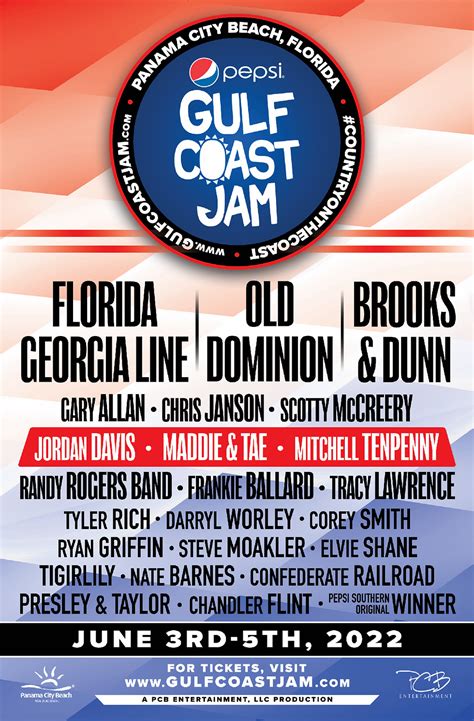 Pepsi gulf coast jam. May 3, 2022 · Florida Georgia Line, Brooks & Dunn, Old Dominion, & Brett Young are headlining the Pepsi Gulf Coast Jam 2022 in gorgeous Visit Panama City Beach!June 2nd-5th, 2022! 