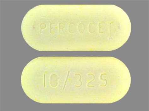 650 mg / 10 mg Imprint PERCOCET 10 Color Yellow Shape Oval View details. 1 / 4 Loading. PERCOCET 10/325. Previous Next. Percocet Strength 325 mg / 10 mg Imprint
