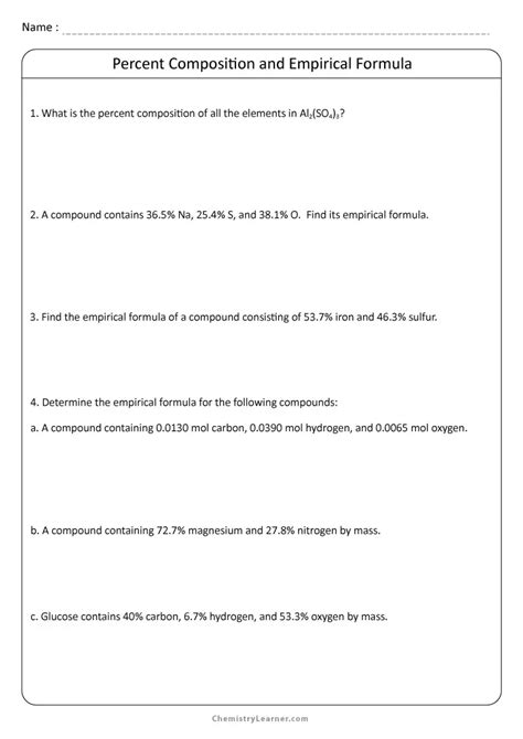 Percent Composition Empirical And Molecular Formulas Worksheet Answers