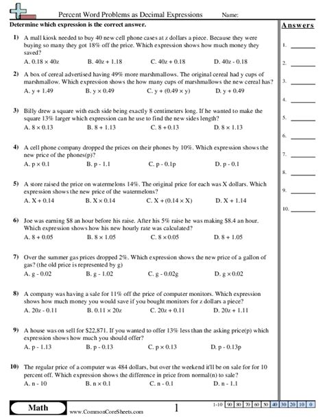 Percent Word Problems as Decimal Expressions Worksheet Download