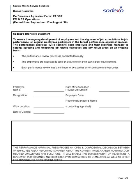 Performance Appraisal Form PAF/03 FM & FS Operations (Period from