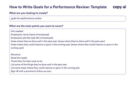 Performance review goals examples. Example SMART Goals for Employee Performance Review Slide 9: Welcome employee input. Close the performance review presentation by giving the employee space to talk. Conclusion. By following this performance review template, reviewers can make sure their evaluation is more than just a meaningless task … 