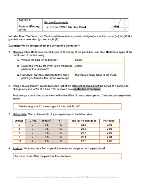 Student Exploration: Period of a Pendulum Directions: Follow the instructions to go through the simulation. Respond to the questions and prompts in the orange boxes. Vocabulary: controlled experiment, mean, pendulum, period Prior Knowledge Questions (Do these BEFORE using the Gizmo.) A pendulum is a weight …. 