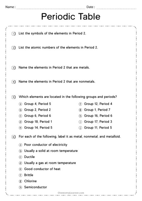 Periodic Table Questions Worksheet