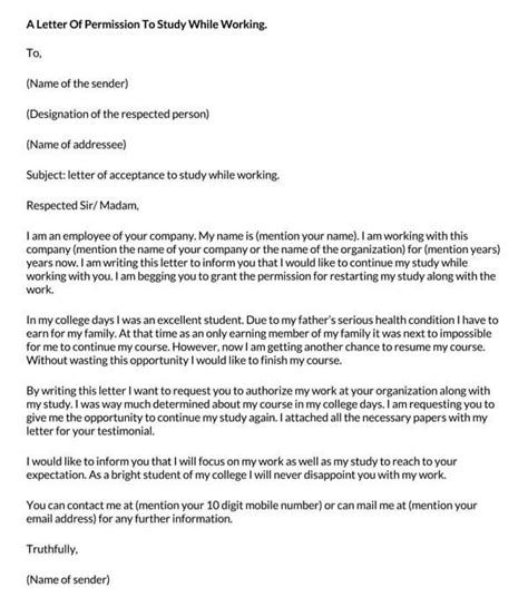 Permission letter to study while working.  This letter is usually provid...