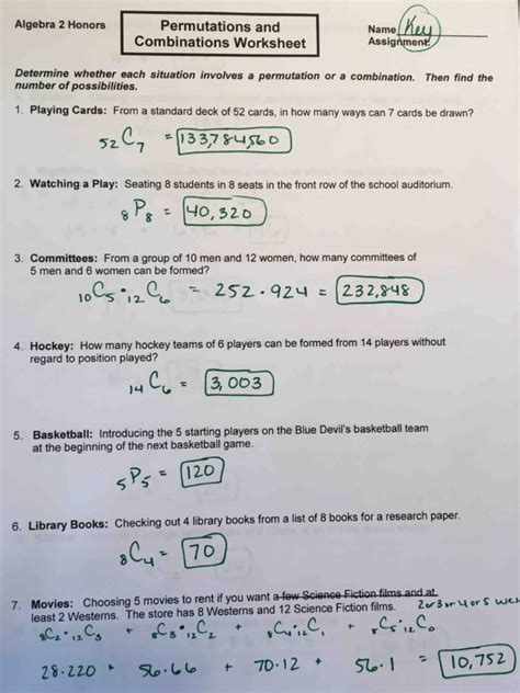Permutations And Combinations Worksheet Answers