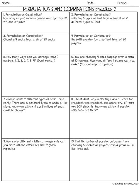 Permutations and Combinations Notes and Worksheets Lindsay Bowden