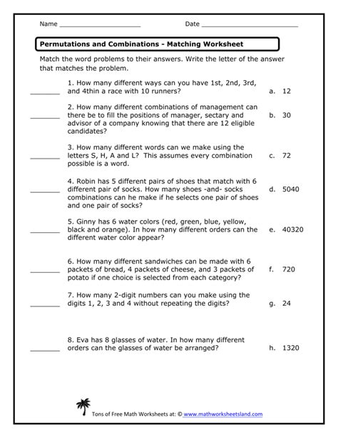 Permutations and Combinations Worksheet