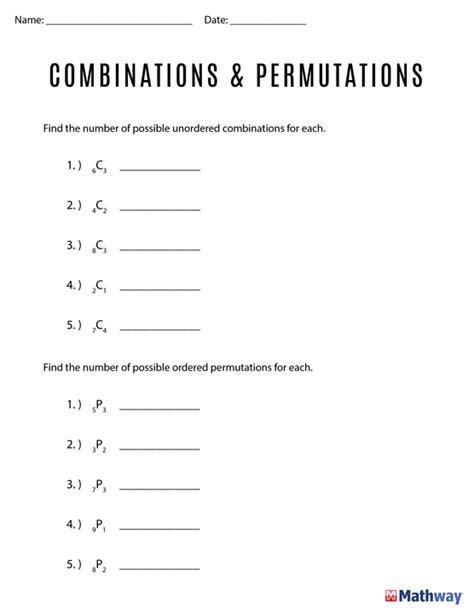 Permutations and Combinations Worksheet for 8th 10th Grade Lesson