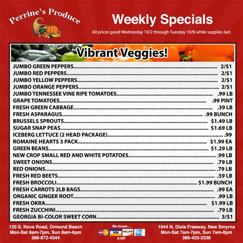 Perrine's produce weekly ad. At Perrine’s Produce we carry a full line of fresh fruits and vegetables. Florida has 2 growing seasons which allows us to have locally grown products such as tomatoes, watermelons, cantaloupe, peppers, cucumbers, eggplant, squash, zucchini, mangoes and avocados almost year round. ... To receive our weekly specials, last minute deals, event ... 