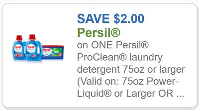 Buy (1) Persil Laundry Detergent, 40 oz, or Power Caps, 16 ct., $6.99 Use (1) $2 off Persil ProClean Laundry Detergent, 40-150 oz or 15-62 ct, limit 1, Save 12/03 Or (1) $2.00 off Persil Laundry Detergent CVS coupon $4.99 each after coupon. Here are more printable and digital coupons that you can use at CVS:. 