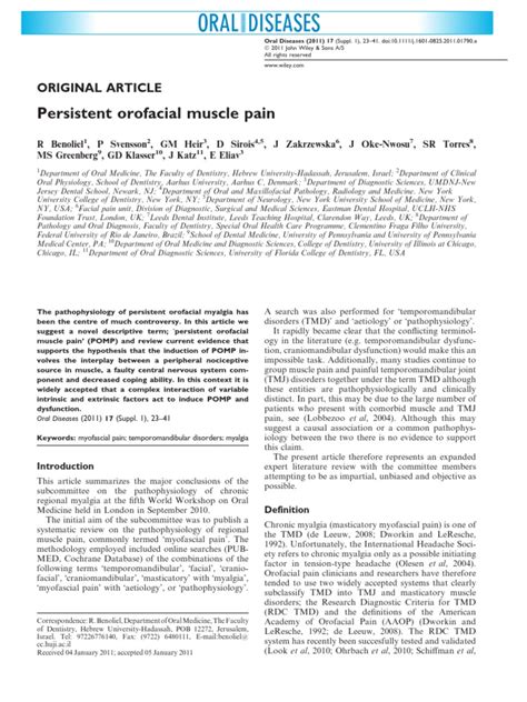 Persistent orofacial muscle pain - Benoliel - 2011 - Oral Diseases ...