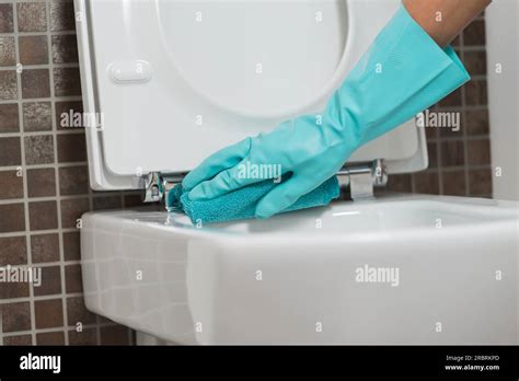 Person cleaning the toilet seat in rubber gloves - Canva