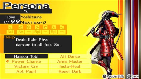 Persona 4 golden yoshitsune build. This is a list of all Personas in Persona 4 and Persona 4 Golden. Each name is hyperlinked to a table of the Persona's attributes and skills. Green text refers to either the protagonist's first Persona, Izanagi, as well the various Personas his party members have or can obtain as an ultimate Persona, as well as other Personas controlled by other characters. ★ - denotes a Persona that can ... 