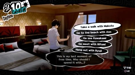 Apr 4, 2017 · 3 5. Copied from another answer on here: "Depends on your confidant level with each one. More than likely you'll already be level 10 with Ann, so she'll invite you. Makoto invites you as of level 6. Kawakami will invite you as of level 8 - clear her Mementos mission beforehand. Hifumi is the same as Kawakami.