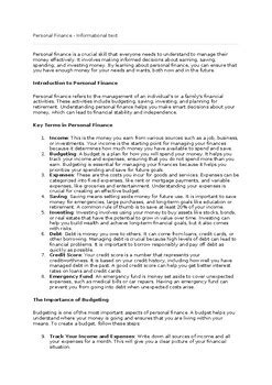 Personal Finance Project Resource Answer Key