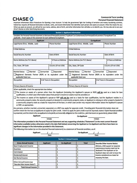 Personal Financial Chase Form Statement