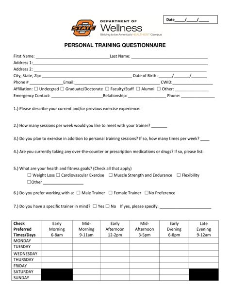 Personal Training Questionnaire Form Fill Out and Sign Printable PDF