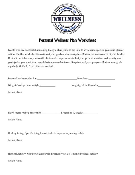 Personal wellness plan worksheet.  Decide in which areas you would like t...