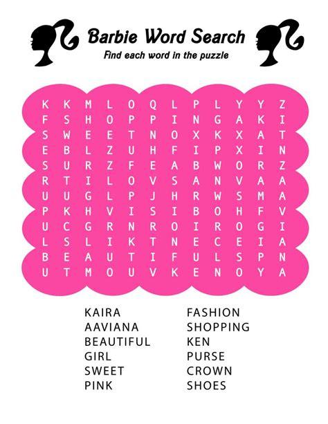 Personalized Activity Sheets!!! Barbie Birthday Word Search Printable