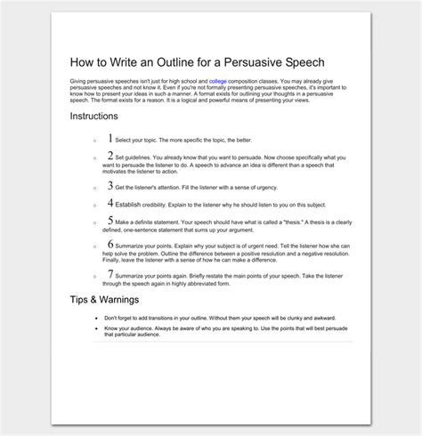 Persuasive Speech Outline Template Word