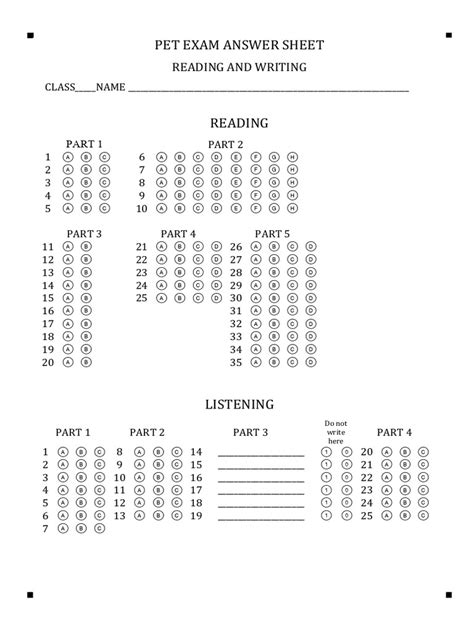 Pet answer sheet writing.  The reading section lists answers to multiple choice Th...