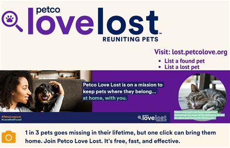 Petco love lost. Petco Love Lost. Reuniting pets and their people. Did you know that 1 in 3 pets go missing every year? Petco Love Lost exists to simplify the search. Through photo matching technology and a community that’s growing stronger by the day, we help reunite lost and found pets with their families. Trust us – it’s as cool as it sounds. 