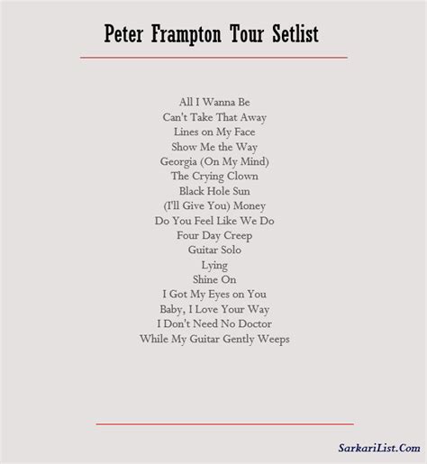 Peter frampton setlist 2023. Get the Peter Frampton Setlist of the concert at Concord Pavilion, Concord, CA, USA on October 12, 2019 from the Finale: The Farewell Tour and other Peter Frampton Setlists for free on setlist.fm! 