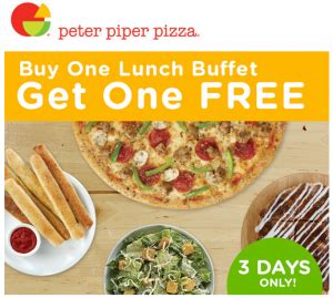 Peter piper pizza buy one get one free buffet coupons. Specialties: At Peter Piper Pizza we serve delicious handcrafted pizza, on dough made-from-scratch daily, topped with fresh, hand-chopped ingredients. Pizza is perfectly paired with a variety of salads, pastas, wings and delicious desserts. Get your game on in our arcade, featuring the latest and greatest games from Skee-Ball to adventure video … 
