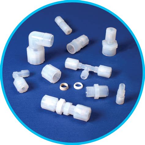 Pfa compression fittings.  The fittings feature a double ferrule design and a...