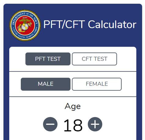 Calculate your physical fitness test score. CFT Calculator. Calculate your combat fitness test score. NAVMC 11622. PDF version of NAVMC 11622 MCO 6100.13A.. 