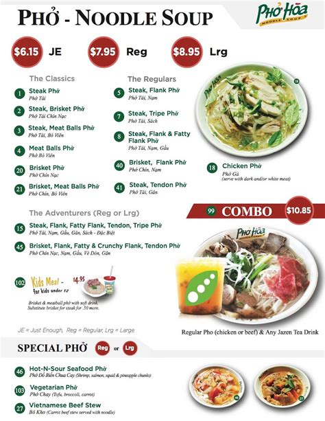 Phở Hòa + Jazen Tea (Redmond) menu in Redmond, Washington, …