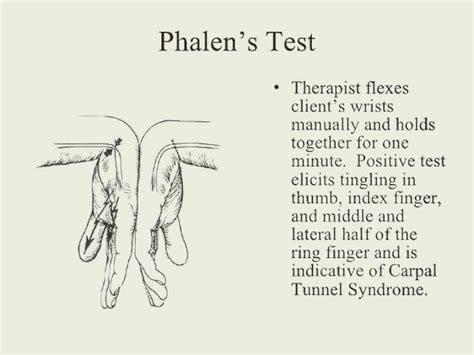 Phalens test. Nov 3, 2020 · Description. The Phalen test is performed by asking the patient to place both elbows on a table while keeping both forearms vertical and flexing both wrists at 90 degrees for 60 seconds. A positive test is defined as the occurrence of pain or paresthesias in at least one finger innervated by the median nerve. A provocation test used to aid the ... 