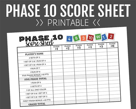 Phase 10 Printable Score Sheet