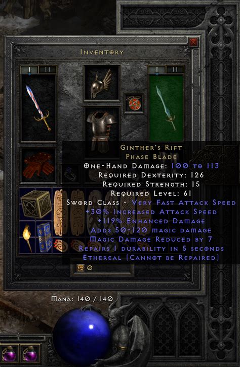 A Mythical Sword is a type of sword in Diablo II, it is the elite version of the War Sword. Base Attack Speed: 0 One-Handed Damage: 40 to 50 (Avg. 45) Level Requirement: 66 Strength Requirement: 147 Dexterity Requirement: 124 Durability: 44 Quality Level: 85 Range: 1 Sockets: 3 War Sword (Normal) Ancient Sword (Exceptional) Bul-Kathos' Tribal …. 