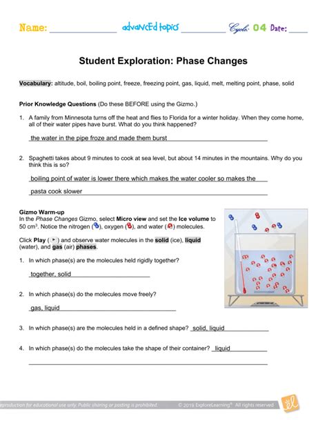 Phase change gizmo answer key. Student Exploration- Phase Changes (ANSWER KEY).docx. Solutions Available. Denver Senior High School. HIST 1111. notes. Module 4: Exam 2: SES 141: Energy in Everyday Life (2020 Spring - B).pdf. Solutions Available. Arizona State University. SES 141. ... Gizmo Warm-up In the Phase Changes Gizmo, select Micro view … 