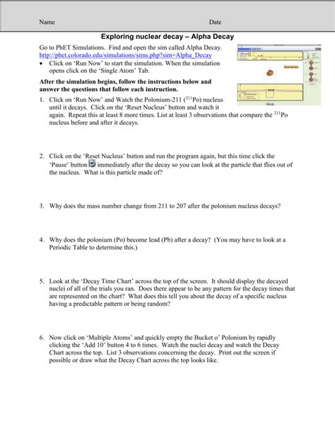 Phet Lab Nuclear Processes Answers Alpha Decay
