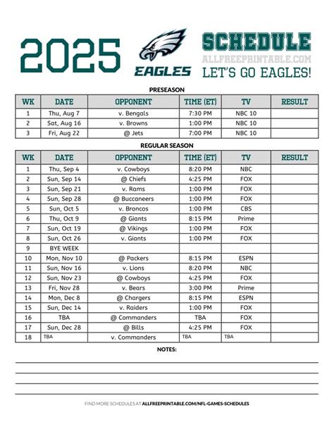 Phila Eagles Printable Schedule