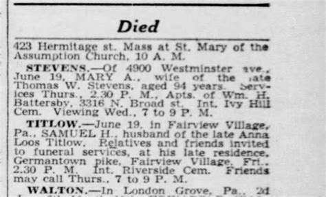 Births Celebrations Engagements Obituaries Death Notices. Your Day. Today's Paper Newsletters Weather Horoscope Lottery Inquirer ... May 13, at Sharon Baptist Church, 3955 Conshohocken Ave., Philadelphia, Pa. 19131. A celebration of his life is to follow. Interment is to be at 10 a.m. Monday, May 15, at Ivy Hill Cemetery, 1201 …. 