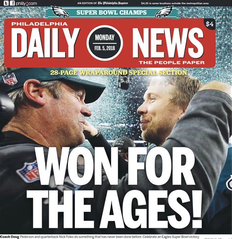 The Philadelphia Inquirer, Monday, February 5, 2018. Super Bowl Champs. This reprint documents how Inquirer staff writers and photographers chronicled a historical season for this Philadelphia-based team. ... We combined some of the greatest Inquirer front pages in Philly sports history so you can relive the thrill. This set is the perfect gift .... 