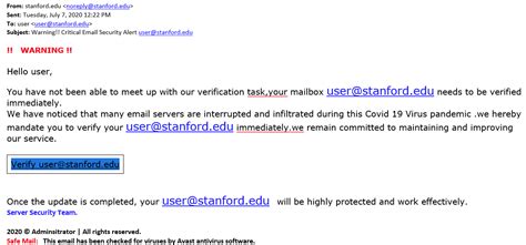 Phishing Email Example Warning!! Critical Email Security Alert