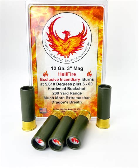 Phoenix rising shotgun shells. The ultimate shock and awe shotgun load available. These rounds produce a massive blast of our specialized incendiary buckshot pellets that burn at 5,610 °F coupled with Red FSJ coated #2 & 00 buckshot pellets along with OC powder. Custom hell hound overshot card for easy identification. Warning these rounds are lethal and… 