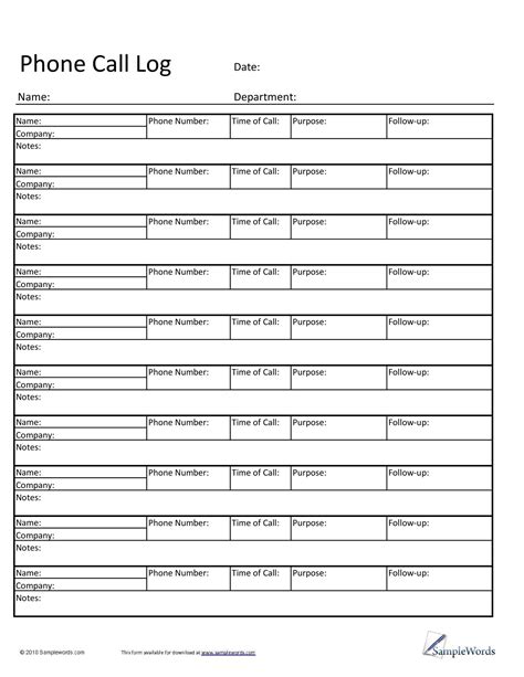 Phone Call Log Template 40+ Printable Call Log Templates in Microsoft