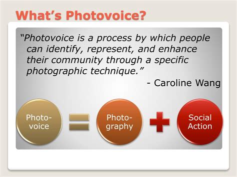 Photo voice examples. H Become more familiar with the PRI project, using examples. H Explore how photographs and narratives can help express one’s thoughts, feelings, and experiences. Time 10-15 minutes Materials and Preparation H Print one copy for group to view together: U Photovoice Examples: Photography and Narrative-Writing (p. VI) 