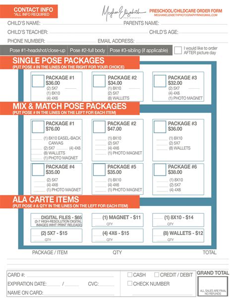 Photographer Order Form Template. Picture Day Order Form. Etsy in