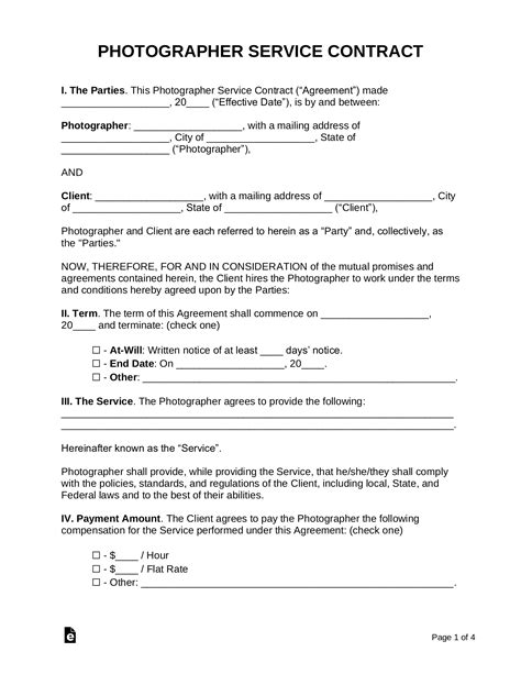 Photography contract template. Virginia. Create Document. Updated July 20, 2023. A wedding photography contract is a legal document between a couple that agrees to hire a photographer to take photos and videos in a professional manner. The contract should include any specifics on how the media should be taken in addition to the time, place, and date of the wedding … 