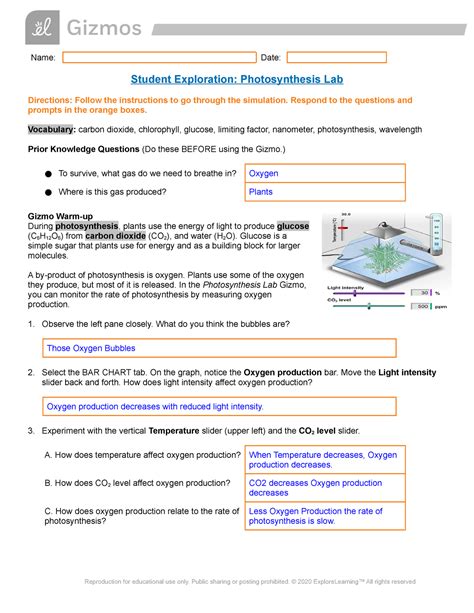 Photosynthesis Lab GIZMO Instructions Answer the PRIOR KNOWLEDGE QUESTIONS BEFORE using the Gizmo. (What do you THINK the answers are?) GIZMO WARM-UP During photosynthesis, plants use the energy of light to produce glucose (C 6 H 12 O 6) from carbon dioxide (CO 2), and water (H 2 O). Glucose is a simple sugar that plants use for energy and as a. 